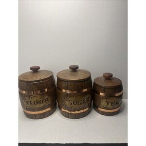 Vintage MCM Treasure Craft Faux Wood Grain Barrel Ceramic Canister Set Of 3